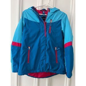 Lands’ End girls insulated winter jacket blue teal and bright pink 14